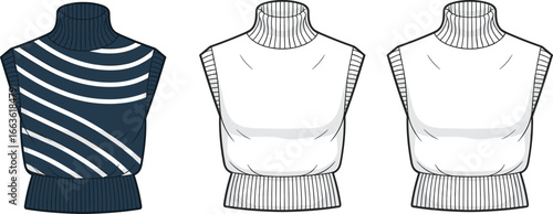 CAD drawing flat vector illustration of sleeveless turtleneck sweaters, front views, knitwear design, stripe and plain styles, fashionable winter top layout, cozy garment sketch