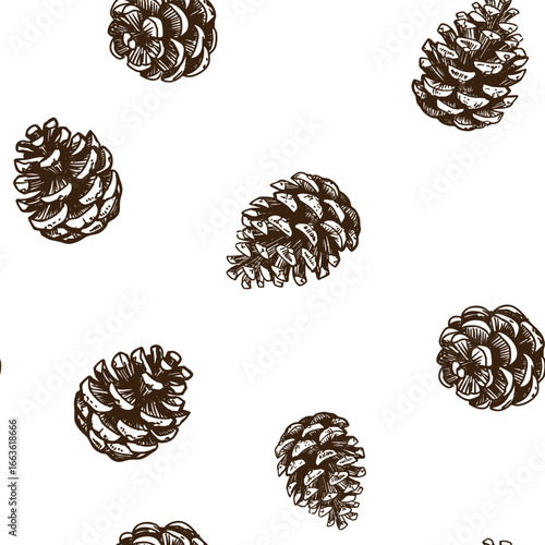 Pine cones, seamless pattern, sketch,  hand drawn vector illustrations, monochrome