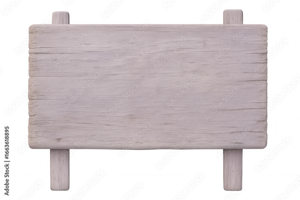 Obraz premium Empty rectangular light gray wooden sign with two legs and transparent background, ideal for adding custom text or graphics