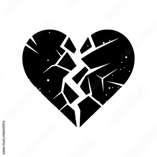 Black and white vector silhouette of a broken heart on a white background 