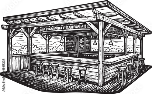 Hand-drawn woodcut style illustration of an outdoor bar with mou