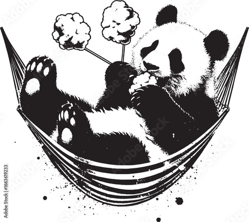 Black and white illustration of a panda relaxing in a hammock and eating cotton candy.