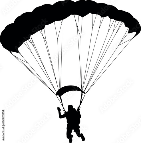 Silhouette of Parachutist with Open Parachute Against White Background High Risk Activity and Extreme Sports Concept Vector Illustration