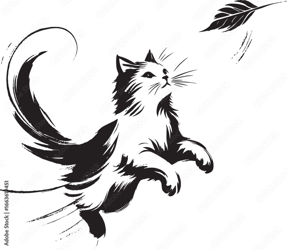 Obraz premium Artistic Black and White Illustration of a Playful Cat Reaching for a Floating Feather
