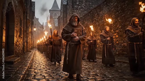 monastic religious medieval procession in the city.. Two videos sequence.