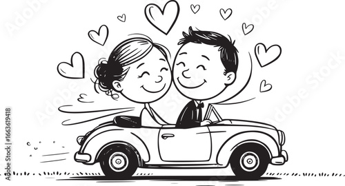 Love's Journey: A cartoon couple in a classic convertible car, surrounded by floating hearts, represents the joy of love and the promise of a shared adventure. 
