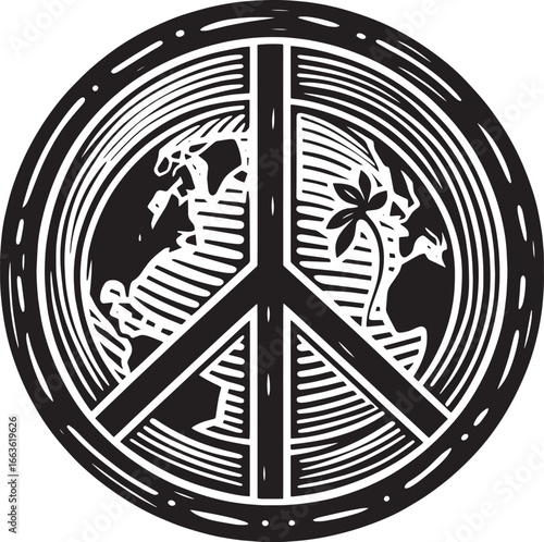 Black and White Peace Sign with Earth and Flower: Symbol of Peace and Environmentalism