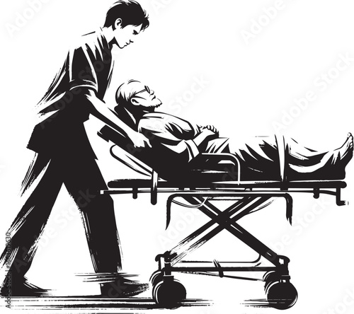 Ink wash painting showing a medical professional assisting a pat