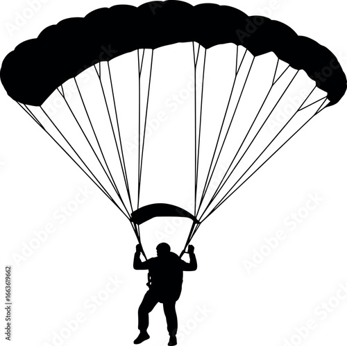 Silhouette of Skydiver with Parachute Descending Safely Airborne in Black and White Illustration Graphic Asset Recreation