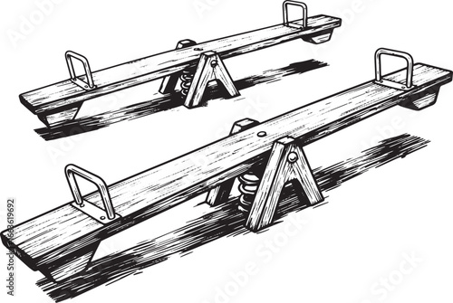 Monochrome woodcut illustration featuring two seesaws playground