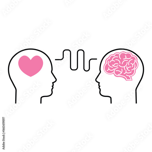 connection of mind and heart with heads. flat linear modern simple iq or bias logotype graphic design isolated on white background. psychoanalysis with mentor or behavior help and emotional intellect