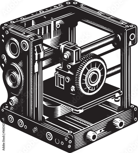 Detailed black and white illustration of a 3D printer showing its intricate mechanical components