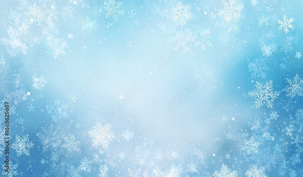 Fototapeta premium Light blue background with many white snowflakes