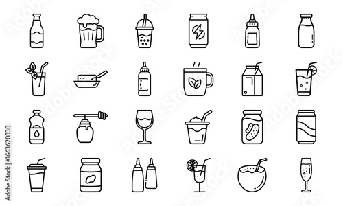 Collection of black and white drink and beverage icons, soda, beer, bubble tea, juice, coffee, tea, wine, cocktails, smoothies, honey jar, pickle jar, milk carton, energy drink, condiment bottles, and
