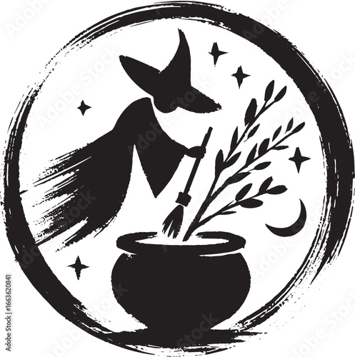 Stylized witchcraft emblem: witch stirring potion in cauldron wi