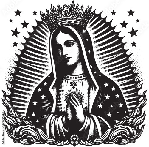 Elegant black and white illustration of the Virgin Mary with a crown, stars, and radiant aura