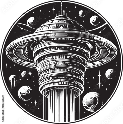 Intricate Black and White Illustration of a Futuristic Space Station in a Celestial Setting
