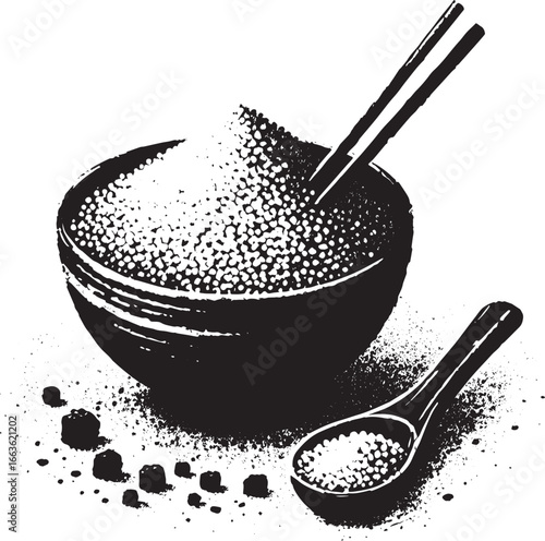 Elegant sumi-e style image of couscous bowl with spoon and spice