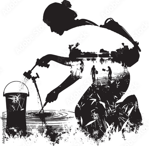 Silhouette of a Woman Collecting Water and Depicting a Scene of Water Conservation