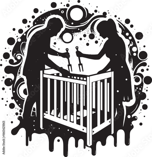 Silhouette of Parents Assembling Baby Crib Symbolizing Parenthood and Anticipation for Newborn