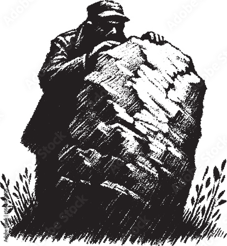 Illustration of a man interacting with a large rock or stone, in a black and white style