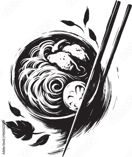 Minimalist Sumi-e Illustration of Thai Khao Soi with Chopsticks