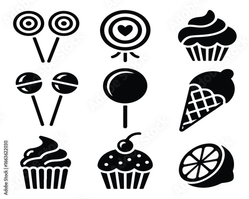 Cute and sweet dessert cartoon icons with various cakes, cupcakes, cookies, and other bakery treats