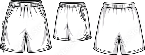 CAD drawing flat vector illustration of sports shorts, athletic wear design, front and back views, drawstring waistband, panel detail, stylish fit, garment sketch template