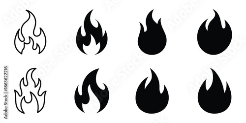 Black fire flame vector icons. Simple flat burning fire flame collection. Hot energy symbol for graphic design. Set of fire flame vector icons. Collection of fire and flame icons. Bonfire icons, flame
