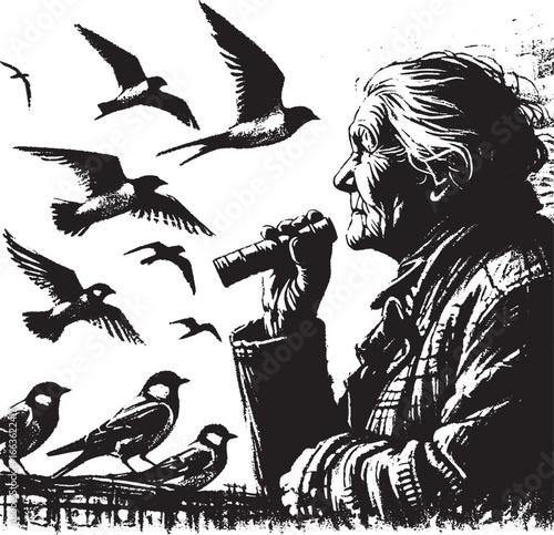An elderly woman observing birds with a telescope, a black and white illustration