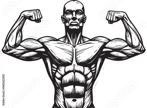 Muscular Anatomy in Woodcut Style: A Black and White Depiction o