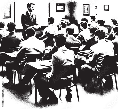 Illustration of a teacher lecturing in a classroom filled with students for educational purposes