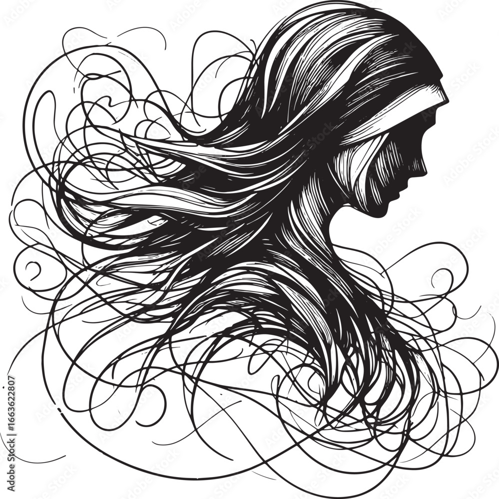 Fototapeta premium Intricate Silhouette Art: A Black and White Illustration of a Woman's Face and Flowing Hair