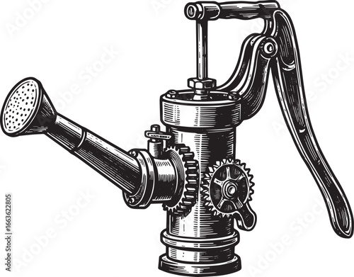 Stylized watering can and pump hybrid apparatus in a vintage aes
