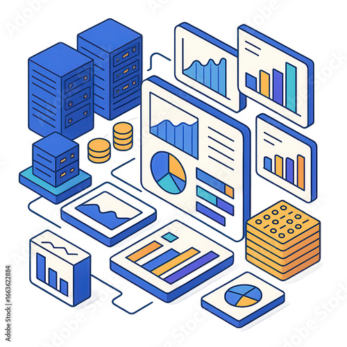 Isometric illustration showing data analytics, business intelligence dashboards, servers, and data visualization.