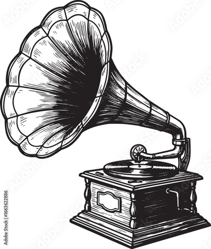 Vintage gramophone illustration showcasing intricate woodcut des