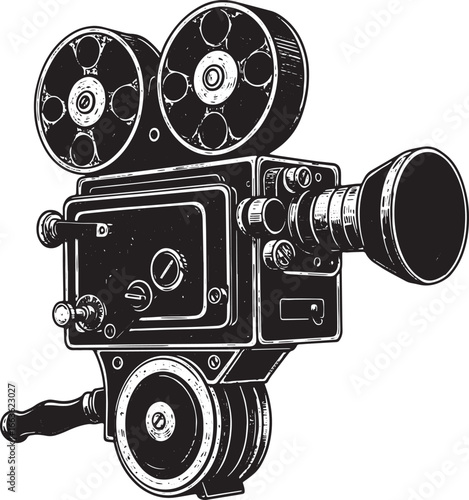 Vintage hand-cranked movie camera illustration in woodcut style