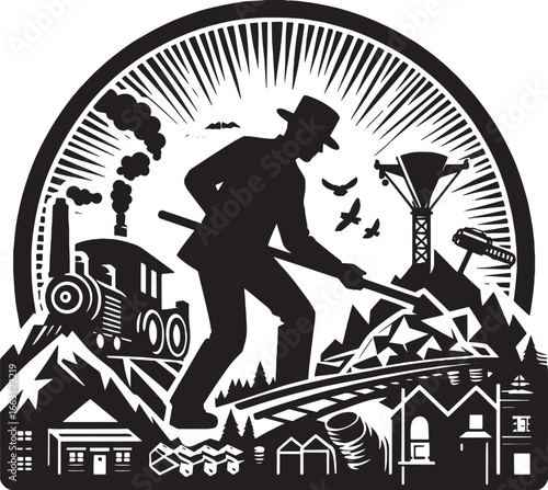 Black and White Illustration of a Miner, Train, Buildings, and Industrial Elements in a Circle