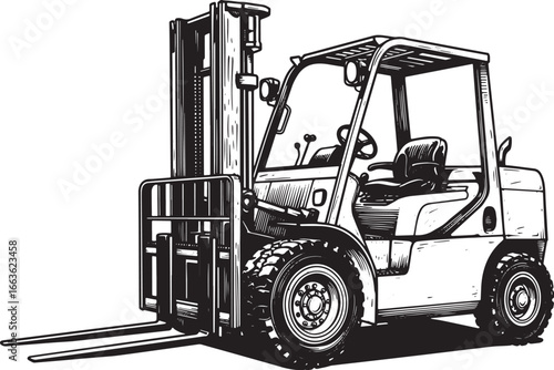 Detailed Black and White Illustration of a Heavy-Duty Forklift V