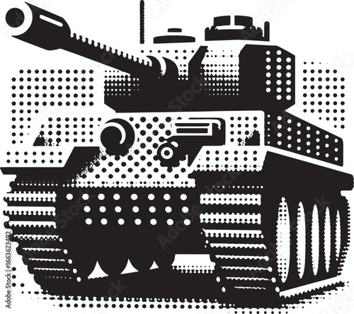 Black and white illustration of a detailed military tank isolated on a white background