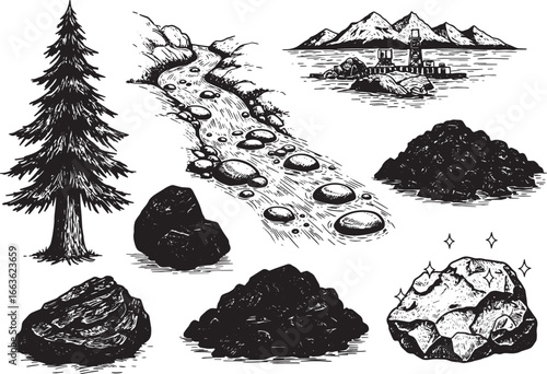 Detailed woodcut illustration of natural resources with mountain