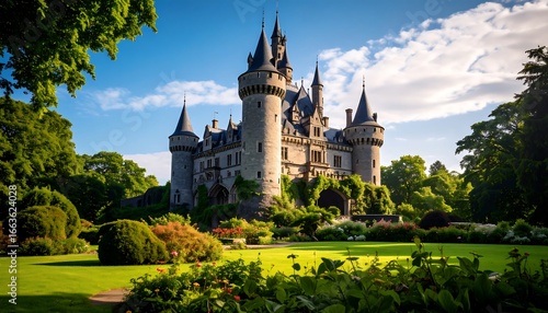 Grand castle with lush gardens under a sunny sky