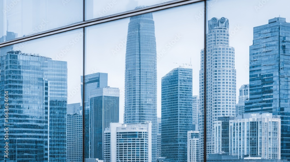 Fototapeta premium City skyline reflected in modern glass facade.