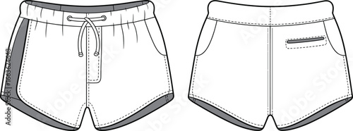 Flat sketch of women’s running shorts with drawstring waist, curved hem, back zip pocket, front and back technical illustration