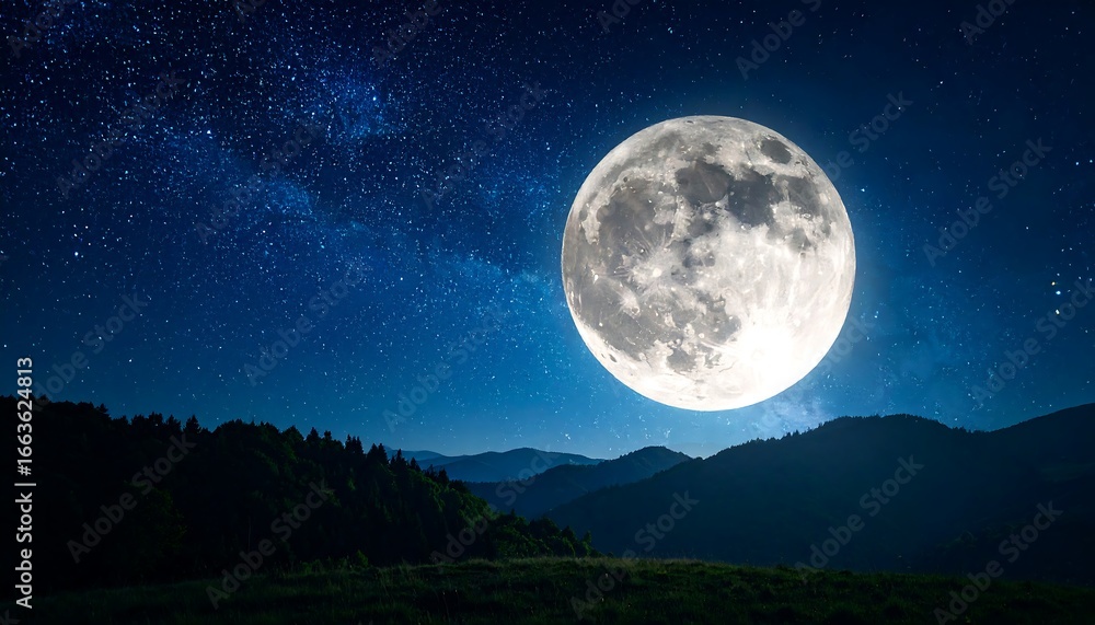 Fototapeta premium A full moon casts a serene glow over a mountain landscape under a starlit night sky.