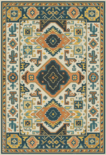 Folk art inspired Persian Vector Carpet with modern Pattern in high definition isolated on white canvas with trending colors
