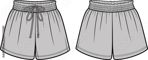 Flat sketch of women’s relaxed fit shorts with drawstring waistband, gathered detail, front and back view, fashion design template