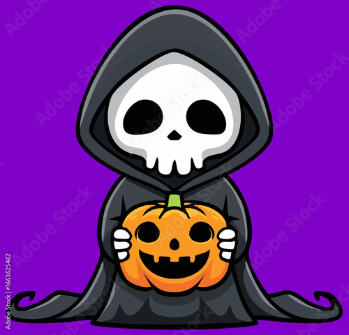 Cute cartoon grim reaper holding a jack o lantern on dark purple background 