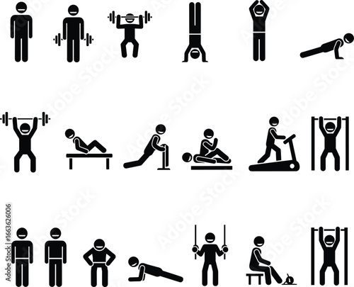 Fitness and workout icons, exercise, weightlifting, push-ups, treadmill, pull-ups, stretching, gym activities, strength training, healthy lifestyle vector illustration.