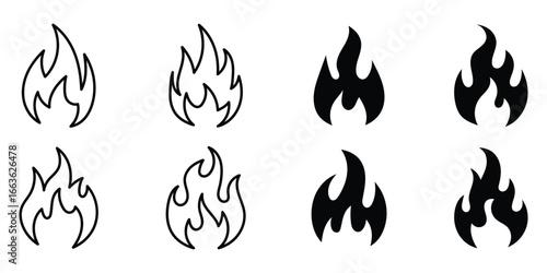 Fire flame icon set. Vector fire symbols. Hot burn bonfire element, flame of various shapes, bonfire vector illustration. Energy and heat concept for branding and graphic design.